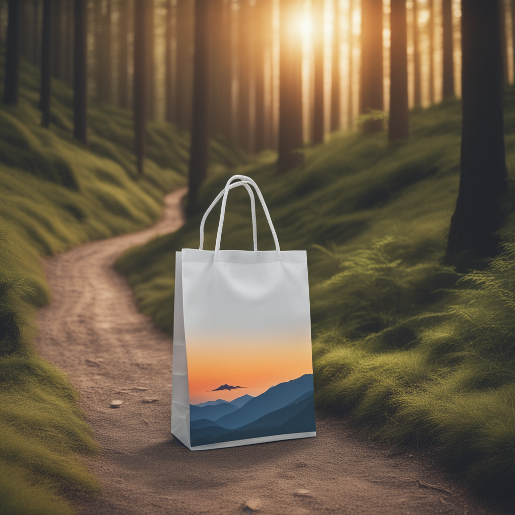 Shopping bag sitting on a forest trail