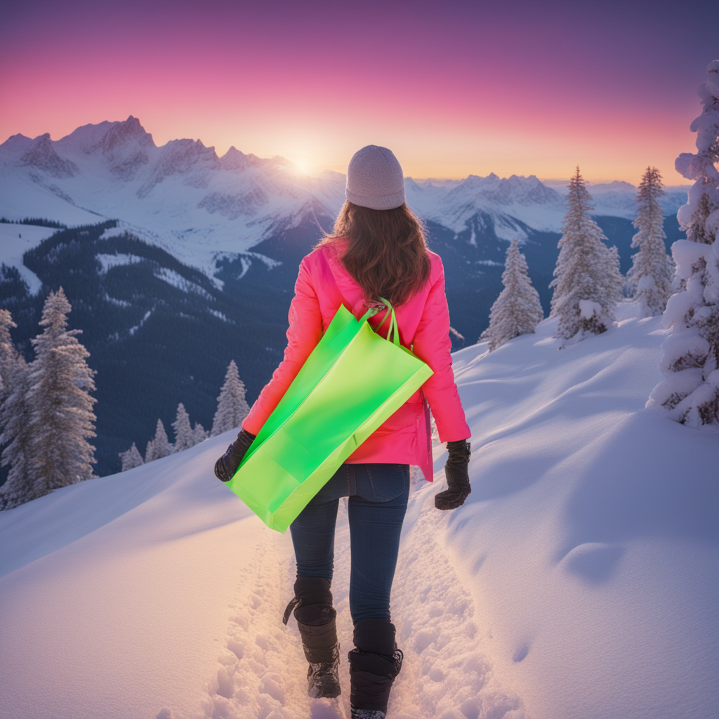 snow alpine mountain sunset trail woman holding a neon shopping bag