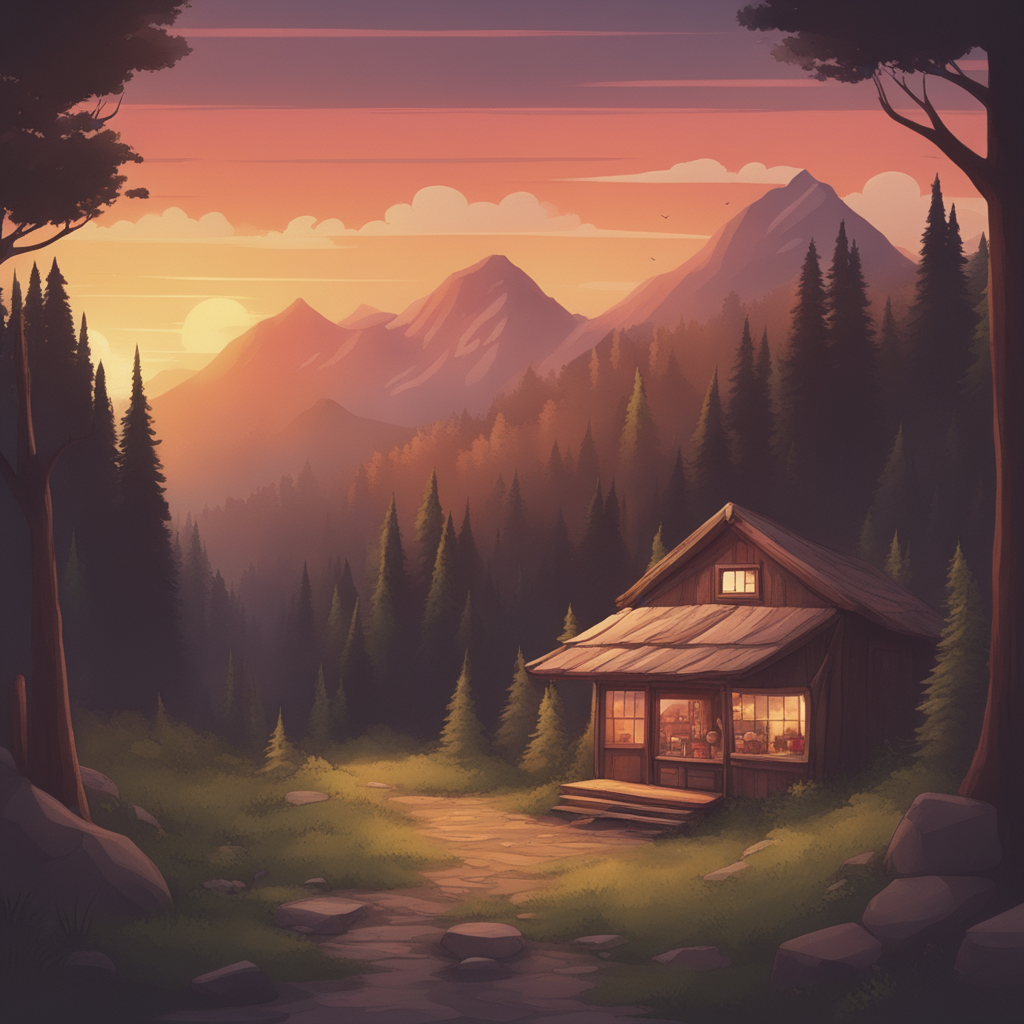 Small store with a mountain forest sunset background